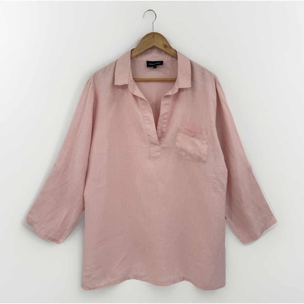French Curve Linen Tunic Top Women's Size L Pink 3/4 Sleeve Relaxed Coastal